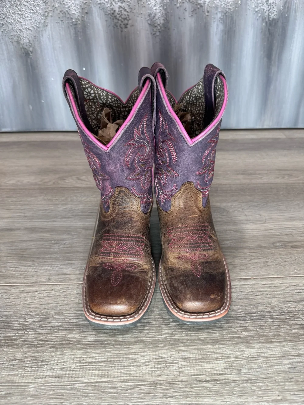 Childrens Pink-Trim Brown Patterned Western Boots